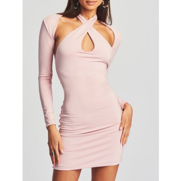 SER.O.YA Lana Dress Set Pastel Pink Halter Long Sleeve Stretch Jersey Large NWT - Picture 1 of 14